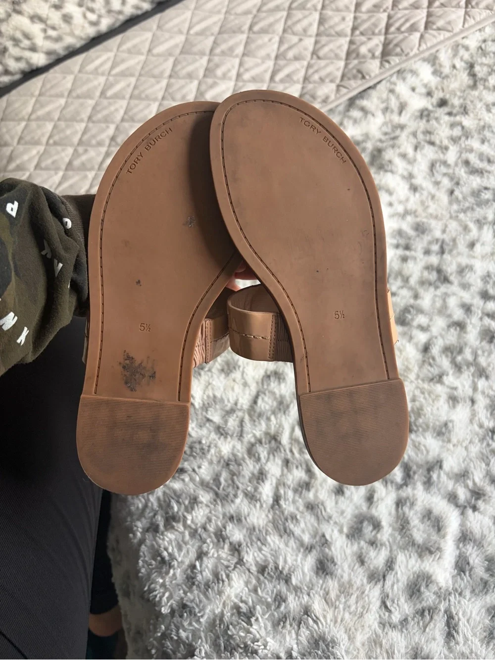 Tory Burch Beige Patent Leather Logo Thong Sandals with Gold Hardware